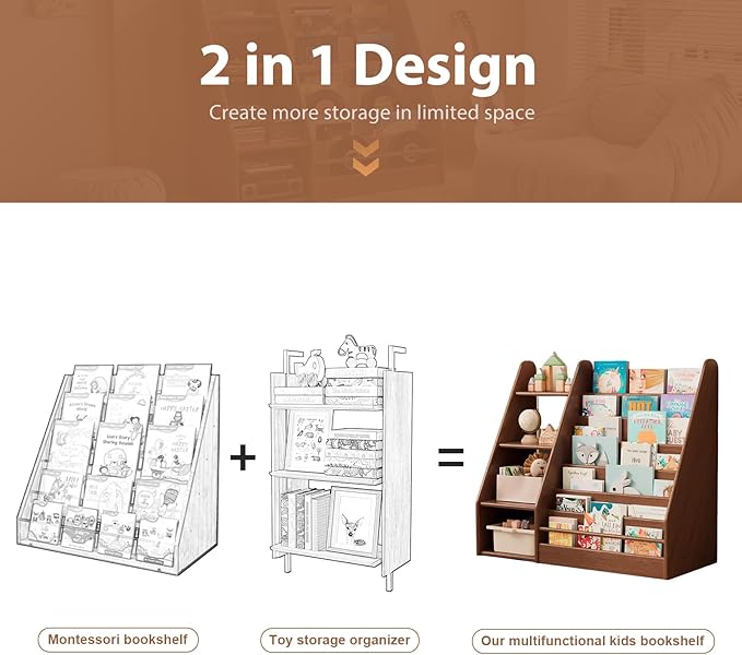 DONGMUWUJEE Solid Wood Kids Bookshelf and Storage Organizer, 7 Layer Children Bookcase, Baby Toddler Wooden Book Shelf, Display Cabinet for Playroom, Bedroom, Classroom, Nursery, School, Walnut