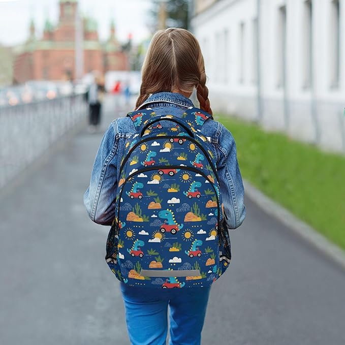 MNSRUU School Backpack with Chest Strap, Dinosaurs Cute Kids Pattern Laptop Backpack, Travel Hiking Backpack for Boys Girls, Rucksack, Knapsack