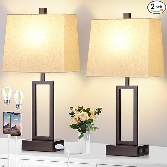 Lolikit 23.5" Touch Control Table Lamps, Metal Bedside Lamp for Bedroom Set of 2 with USB A+C Ports & AC Outlet, 3-Way Dimmable Nightstand Lamp for Living Room (LED Bulb Included)