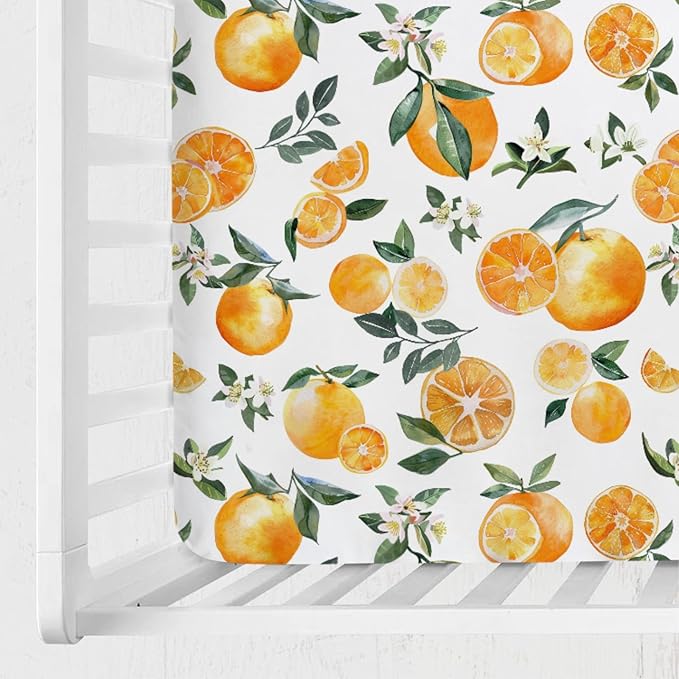 Watercolor Oranges Baby Crib Sheet 52''x28'' Retro Orange Floral Leaves Stretchy Fitted Crib Mattress Cover for Boy Girl Boho Summer Fruits Soft Bed Sheets for Standard Crib Toddler Mattress