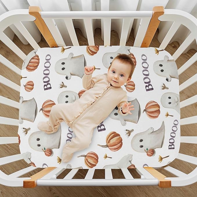 Ghosts Pumpkins Halloween Crib Sheets Soft Breathable Fitted Baby Playard Sheets Mattress Cover for Girl Boys, 39" x 27" x 5"