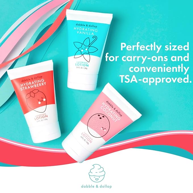 Dabble & Dollop Layering Lotion Set, Hydrating Strawberry, Coconut and Vanilla Scented Lotions for Kids, All-Natural, pDermatologist Tested, Vegan & Cruelty-Free (Set of 3)