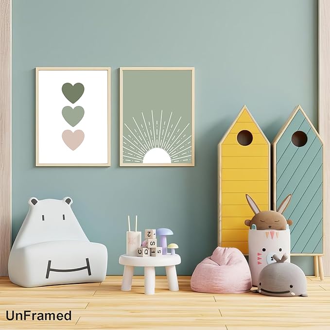 Boho Wall Art Set of 4 Sage Green Nursery Wall Decor You Are My Sunshine Canvas Painting Prints Daisy Flower Cute Heart Pattern Posters Baby Room Pictures for Bedroom Kid Girls Room 12x16 In Framed