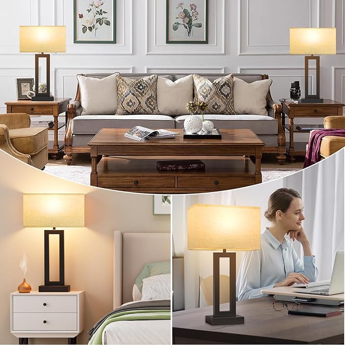 Cream & Black Modern Bedside Lamps - 22" Tall, Touch USB C+A, 3 Way Dimmable Set of 2 for Night Stands & End Tables