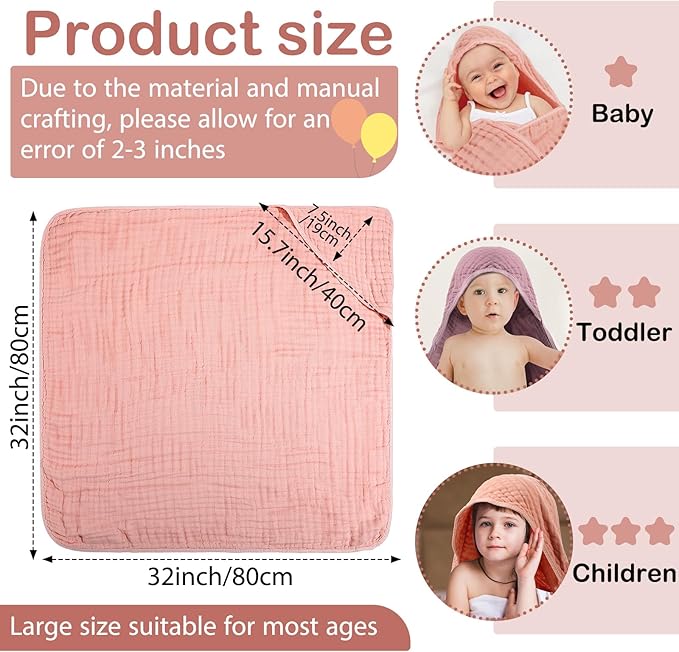VitalCozy 6 Pcs Baby Muslin Hooded Bath Towels and Washcloths Muslin Cotton Hooded Baby Towels Absorbent Blankets for Gift Newborn Infant Shower (32 x 32 Inch,Pink,Rose)