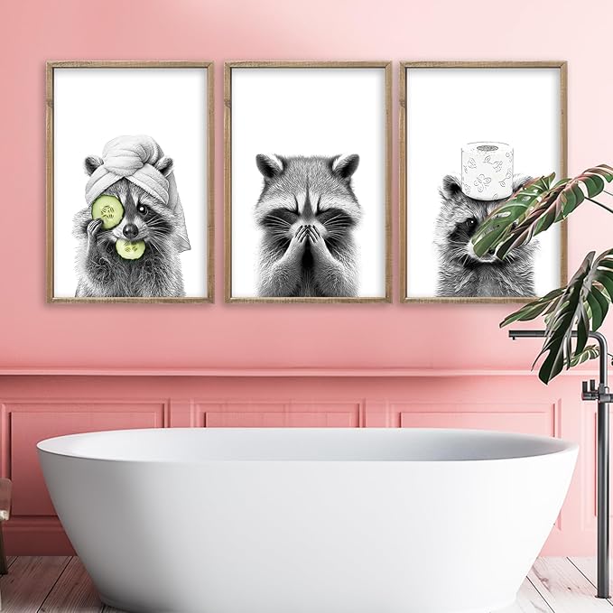 Funny Raccoon Bathroom Wall Decor Art 16x11 Inch Set of 3 Fun Bathroom Modern above the Bathtub Sign Rustic Restroom Farmhouse Cute Washroom Animal Prints Wood Framed Wall Hanging (Wood)