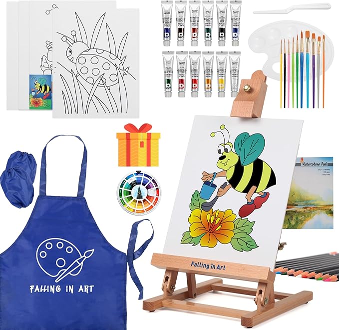 Falling in Art Painting Set for Kids with Table Easel, Acrylic Painting Starter Kit with Art Smock, Acrylic Paints, Colored Pencils, Paint Brushes, Canvas Panels and Watercolor Pad for Christmas Gift