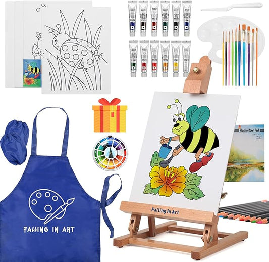 Falling in Art Painting Set for Kids with Table Easel, Acrylic Painting Starter Kit with Art Smock, Acrylic Paints, Colored Pencils, Paint Brushes, Canvas Panels and Watercolor Pad for Christmas Gift
