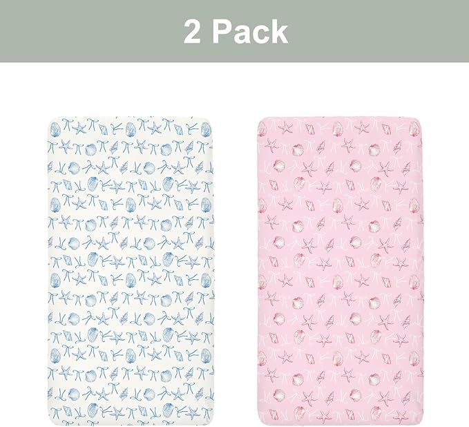 Summer Conches Bows Sea Baby Crib Sheets for Boy Girl 52x28In Ocean Seashells Beach Soft Snug Fitted Crib Mattress Cover Boho Nautical Marine Baby Sheet for Standard Crib & Toddler Bed Mattress 2 Pack