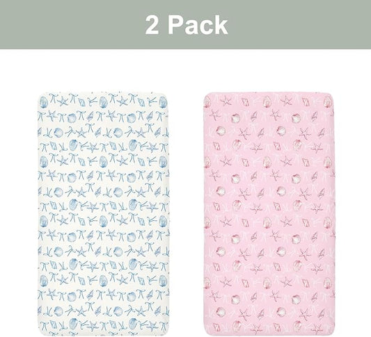 Summer Conches Bows Sea Baby Crib Sheets for Boy Girl 52x28In Ocean Seashells Beach Soft Snug Fitted Crib Mattress Cover Boho Nautical Marine Baby Sheet for Standard Crib & Toddler Bed Mattress 2 Pack