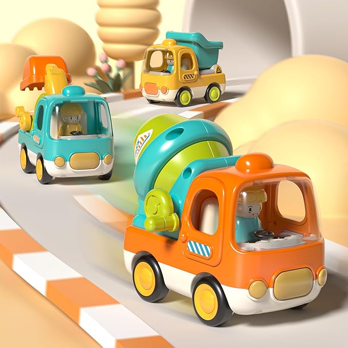 Baby Toys Push Cars for 1 2 3 Year Old Friction Powered Construction 3 Pack Friction Vehicle Set Excavator Dumper Cement Mixer Truck Lights and Musial Toys Birthday Gifts for Toddlers 1-3