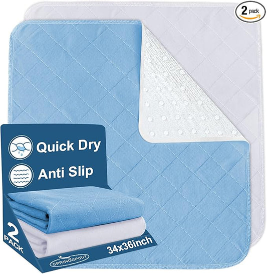 Bed Pads Washable Waterproof 34" x 36", 2 Pack Reusable Chuck Pads Incontinence Underpads Sheet Protector, Pee Pads for Adults, Elderly, Kids, Toddler and Pets, White and Blue