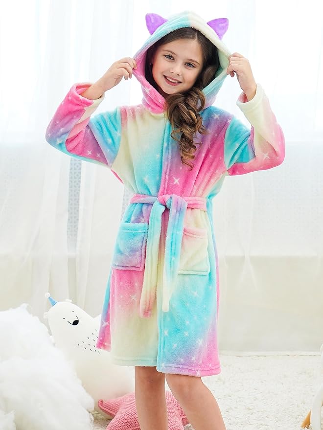 Doctor Unicorn Girls Leopard Cat Robe Kids Fleece Warm Hooded Bathrobe