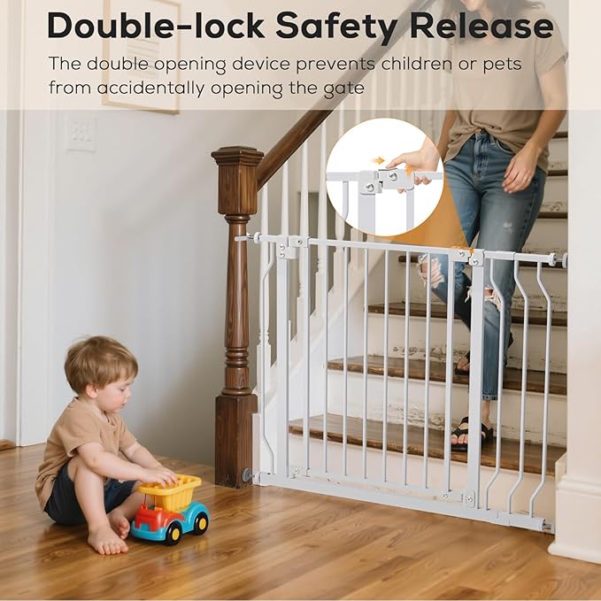 29-48" Baby Gate for Stairs, Baby Safety Essentials, Auto Close Gate for Doorways, Easy Install Pressure Mounted Dog Gate Indoor, Pet Gates for Dogs, White