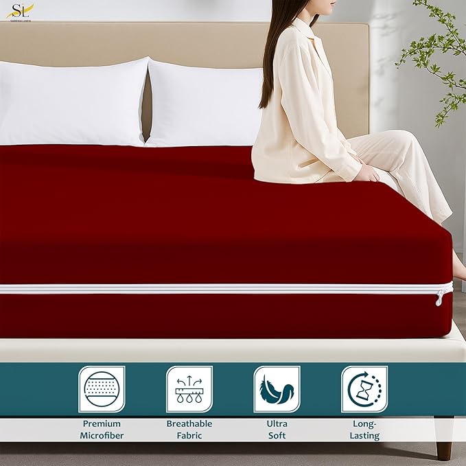 Mattress Protector Twin Size 100% Waterproof Zippered Cover, 15 Inches Deep, Six-Sided Mattress Encasement for Bed, Zipper Closure Style (Burgundy)