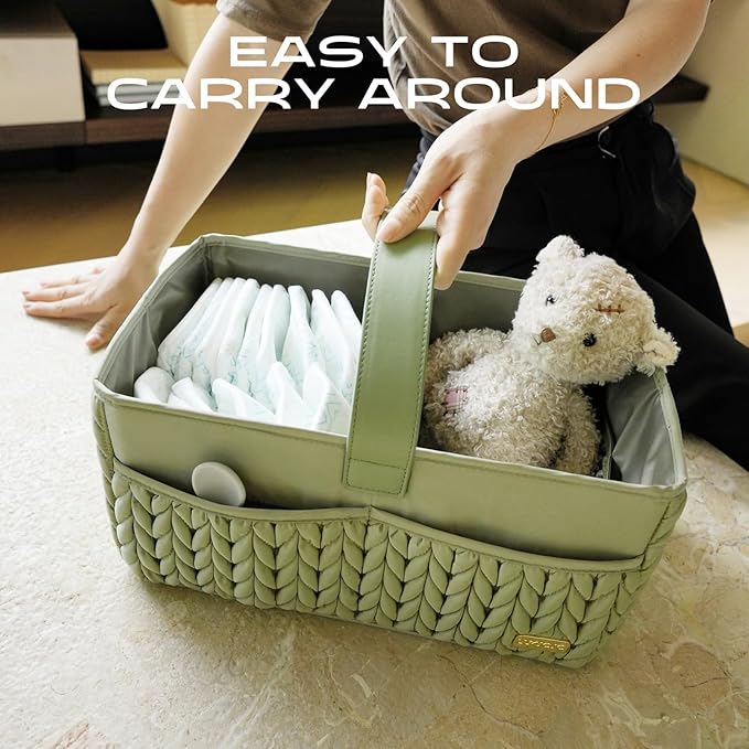 LUKJOJO Luxurious Baby Diaper Caddy, Nursery Storage Basket for Newborn Essentials, Travel Baby Basket for Diapers Baby Wipes, Organizer Tote Bag Storage Bin, Baby Shower Gifts(Sage Green)