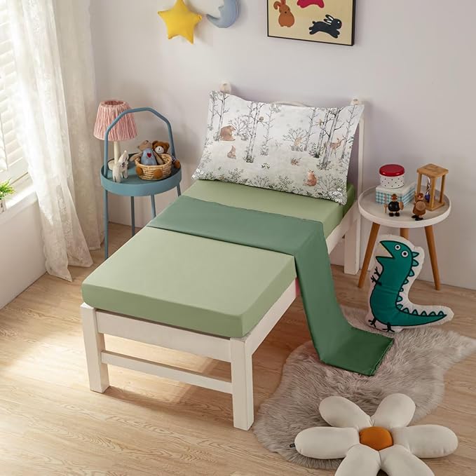 4 Pieces Woodland Animal Toddler Bedding Set for Boys Girls, Forest Animals Comforter Set Bed in a Bag,Toddler Bed Set Includes Comforter, Flat Sheet, Fitted Sheet and Pillowcase