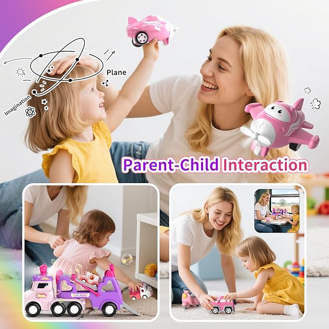 Cars Toys for 2 + 3 + Year Old Girl, 7-in-1 Princess Transport Carrier Trucks for Toddlers Girl 2-4, Friction Power Toy Cars with Lights & Music, Birthday Gift for Girls Age 2 3.