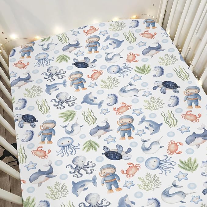 Sea Animal Baby Crib Sheets for Boy Girl 52x28 Diver Turtle Jellyfish Whale Corals Starfish Soft Snug Fitted Crib Mattress Covers Cute Ocean Animals Baby Sheet for Standard Crib & Toddler Bed Mattress