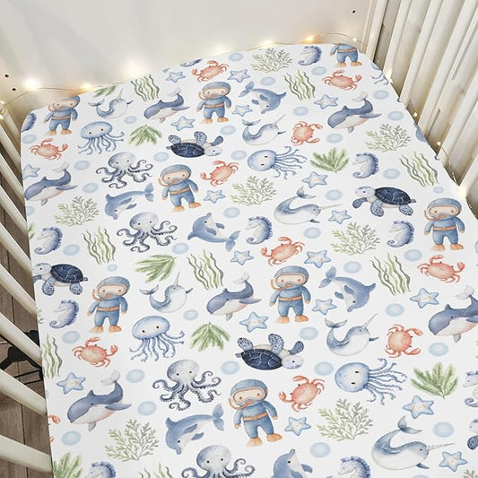 Sea Animal Baby Crib Sheets for Boy Girl 52x28 Diver Turtle Jellyfish Whale Corals Starfish Soft Snug Fitted Crib Mattress Covers Cute Ocean Animals Baby Sheet for Standard Crib & Toddler Bed Mattress