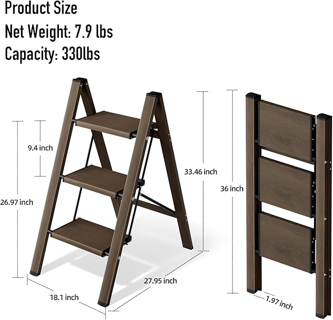 Mayi Plus 3 Step Ladder,Aluminum Folding Step Stool for Adults,Step Ladder with Wide Anti-Slip Pedal,330 lbs Capacity for Home,Office,Kitchen,Library(Walnut)