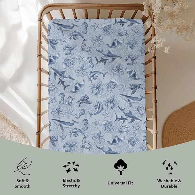 Retro Marine Animals Baby Crib Sheets Boy Girl 28"x52" Whale Dolphin Jellyfish Sea Horse Turtle Coral Soft Snug Fitted Crib Mattress Cover Ocean Animal Baby Sheet for Standard Crib & Toddler Mattress