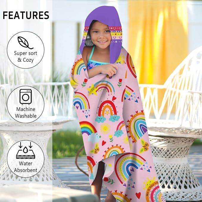 Thickened Hooded Towels for Kids Suitable Girls Boys Kids Bath Towels, 30"x50" Super Absorbent, Rainbow Cute Cartoon Toddler Towels Multi-Purpose for Beach, Pool and Bathroom