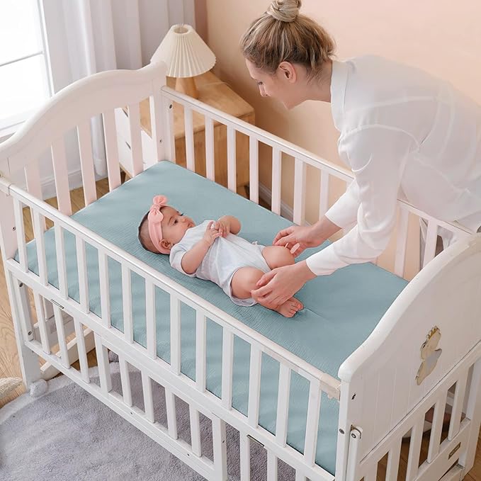 Muslin Crib Sheets for Baby Boys Girls, Neutral Fitted Crib Mattress Sheet for Standard Crib and Toddler Mattress, Soft and Breathable Bed Covers, 28” x 52” (Light Blue)