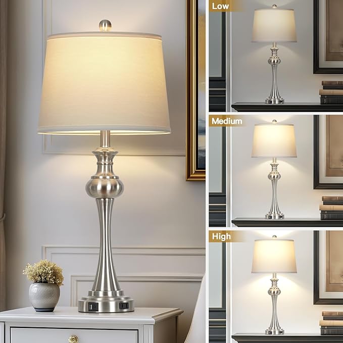 Cinyirong 28.75" Silver Table Lamps for Living Room,Touch Lamps for Bedrooms Set of 2 - Nightstand Table Lamp with USB C+A, 3 Way Dimmable Bedside Lamps End Tables Brushed Nickel