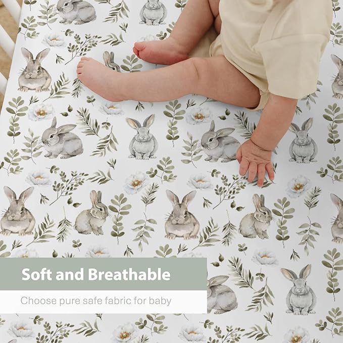 Watercolor Bunny Leaves Baby Crib Sheets for Boy Girl 52"x28" Spring Rabbits Flowers Soft Snug Fitted Crib Mattress Cover Animal Nursery Baby Sheet for Standard Crib & Toddler Bed Mattress