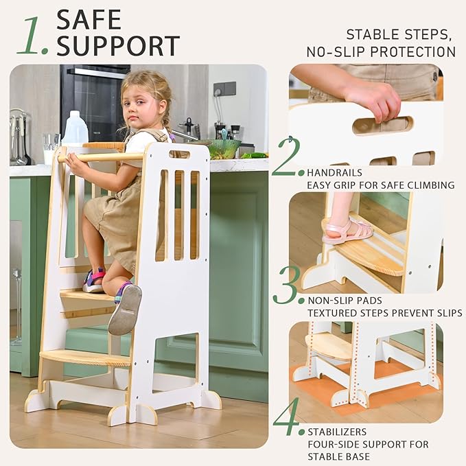 WINGYZ Toddler Tower – Adjustable Step Stool Helper for Kids 18M–6Y, Kitchen Learning Stool with Safety Rail, 3-Height Adjustable, Sliding Door, Full Support Foot, Wooden Updated Design, White