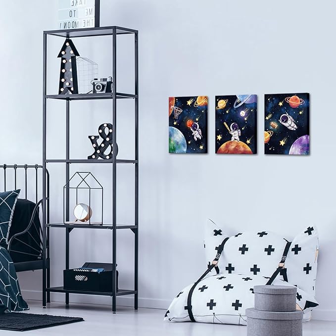 Biuteawal 3 Panels Space Wall Art Cute Astronaut Play Basketball Football Baseball Sports Picture Universe Theme Canvas Painting Funny Art Boys Girls Kids Bedroom Nursery Room Decor