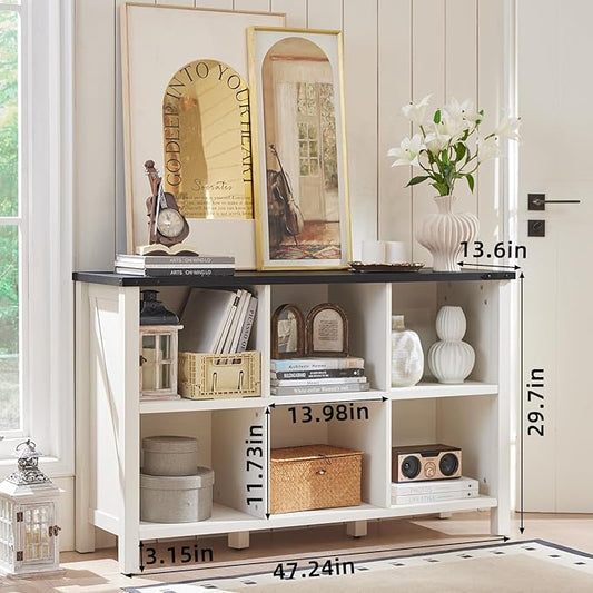 Joaxswe Farmhouse 6 Cube Bookshelf, Antique White & Black Wooden Storage Organizer Book Shelf, 47" Cubby Hallway Bookcase, Kids Toy Storage Cabinet, Modern Open Book Case for Living Room, Playroom