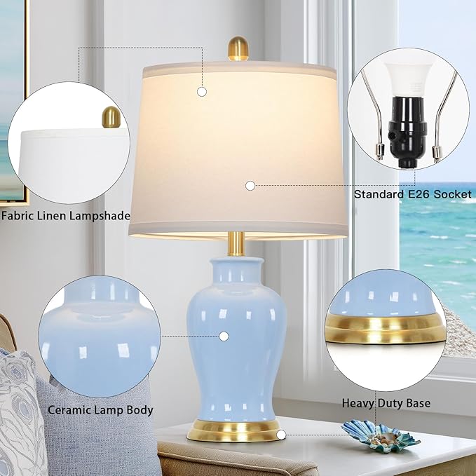 luxeflow Blue Ceramic Table Lamps Set of 2, 23" Coastal Ceramic Lamps with Ginger Jar Design, Modern Bedside Lamp for Living Room End Table, Elegant Bedroom Lamp for Nightstand Desk Side Home Decor