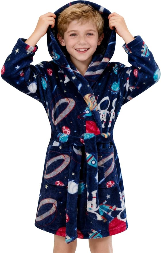 SANGTREE Boys Girls Robe Fleece Hooded Soft Toddler Bathrobe Cute Boys Bathrobe Fuzzy Plush Robes for Kids, 2-12 Years