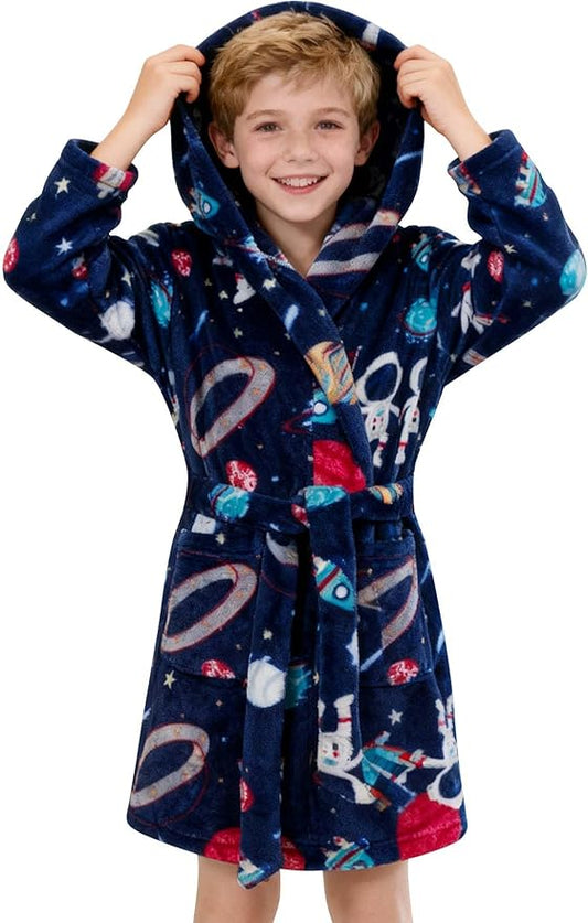 SANGTREE Boys Girls Robe Fleece Hooded Soft Toddler Bathrobe Cute Boys Bathrobe Fuzzy Plush Robes for Kids, 2-12 Years