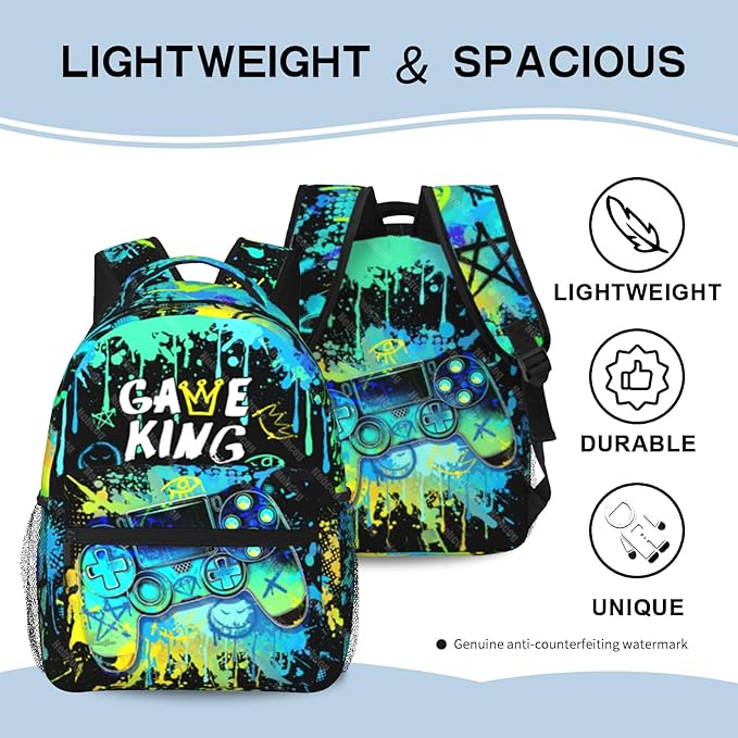 Nebcog School Backpack for Boys Splash Gamer Boys Backpack for Kids Children Elementary Middle School Video Game Bookbag Backpacks for 6-18 Waterproof Lightweight 17 Inches Travel Back Pack