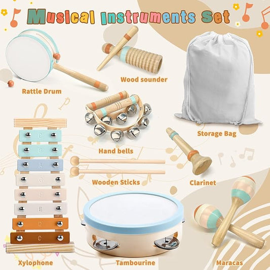 Musical Instruments-Toddler Musical Toys Wooden Montessori Musical Instruments for 1-3 Year Olds | Xylophone & Tambourine Percussion Set with Storage Bag for Kids Preschool Educational 3+