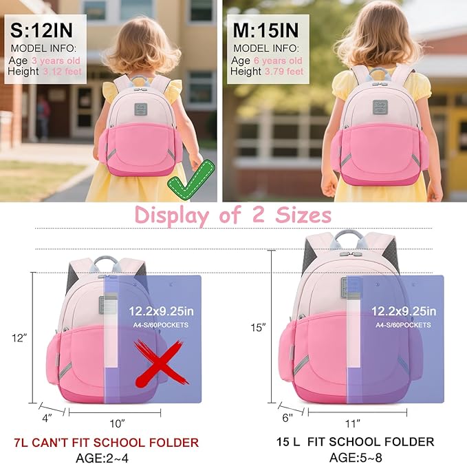 CAMTOP Toddler Backpack for Boys Girls 2-4, Kids Backpacks for Kindergarten Preschool, 12" H Small Bookbag for Daycare Travel (Pink Color-Blocking, 12''- Not fit A4 folder)