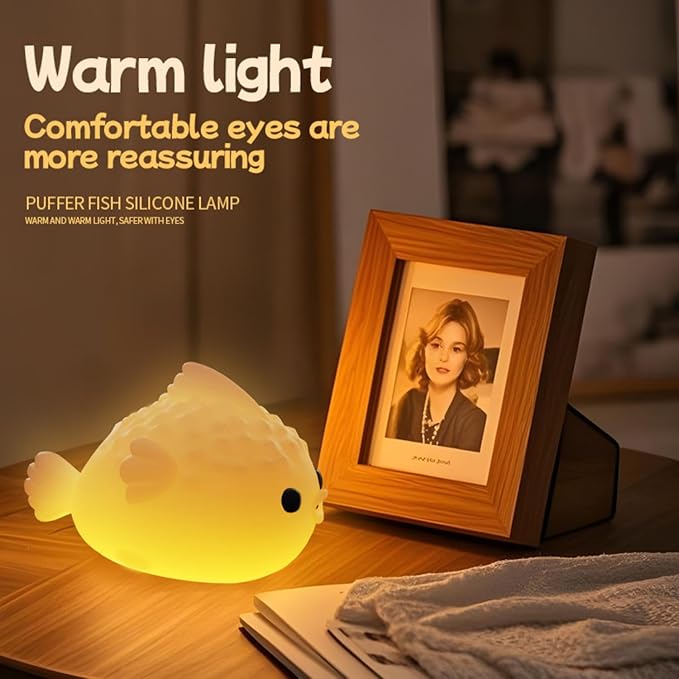 DNBFLLK White Pufferfish Night Light - Silicone Touch Sensor Lamp for Nursery, 3 Adjustable Brightness, USB-C Rechargeable Baby-Safe Bedside Light, Modern Kids Room Decor & Toddler Sleep Aid