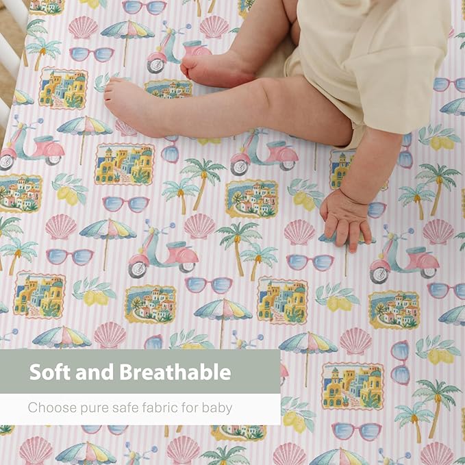 Pastel Summer Beach Baby Crib Sheets for Boy Girl 52"x28" Lemon Palm Tree Seaside Village Stripes Soft Snug Fitted Crib Mattress Cover Vibrant Coastal Baby Sheet for Crib & Toddler Bed Mattress