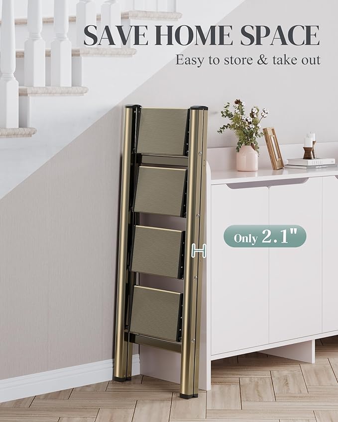 GameGem 4 Step Ladder, Folding Step Stool with Wider Pedal, Anti-Slip Feet & Non Slip Stripes, Aluminum Sturdy Material, 300Lbs Capacity, Elegant Look of Champagne Gold Better Matches Your Home