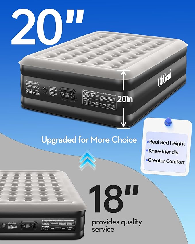 OhGeni 20" Queen Air Mattress with Built in Pump, Inflatable Blow up Bed, Upgraded Pillar Design, 3-Min Inflation Airbed for Guests,Better to Get up, 650LBS