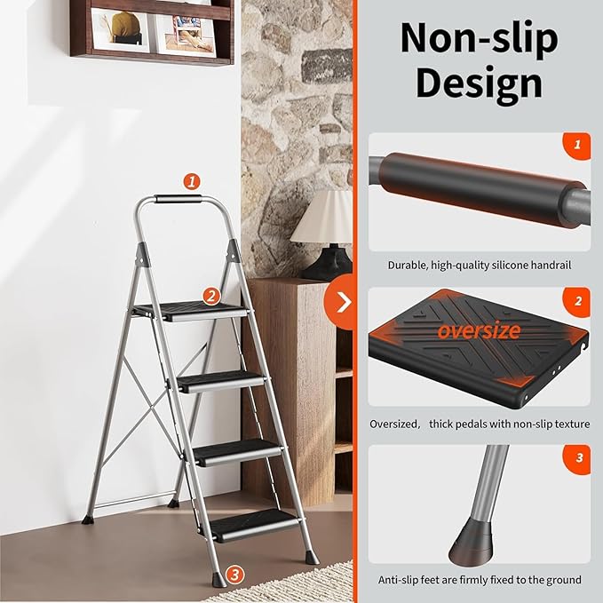 DIAMONDFORGE 4 Step Ladder, Folding Step Stool with Anti-Slip Wide Pedal, Soft Handle, Anti-Slip Feet, Heavy-Duty Steel Construction, 900lbs Capacity Steel Ladder for Office Home, Grey