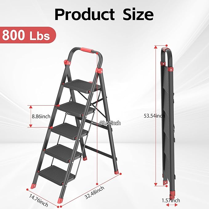 DIAMONDFORGE 5-Step Foldable Step Ladder Stool with Handle, Anti-Slip Wide Pedals & Feet, 800lbs Capacity, Sturdy Stepstool Folding for Adults in Home & Kitchen Use - Black