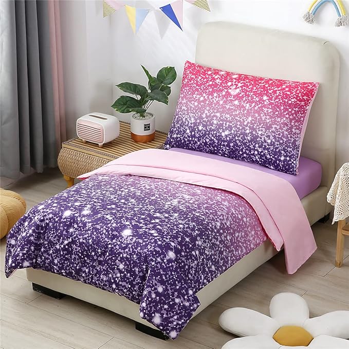URBONUR 4-Piece Toddler Bedding Set for Girls Pink Purple Princess Toddler Bed in a Bag - 2-6 Year Old - Includes Comforter, Flat Sheet, Fitted Sheet & Pillowcase