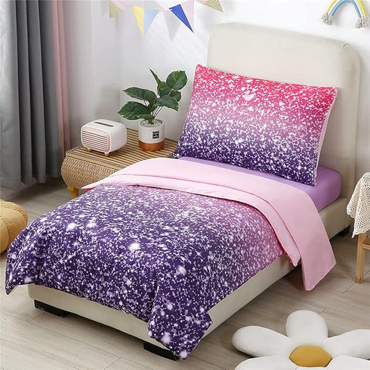 URBONUR 4-Piece Toddler Bedding Set for Girls Pink Purple Princess Toddler Bed in a Bag - 2-6 Year Old - Includes Comforter, Flat Sheet, Fitted Sheet & Pillowcase
