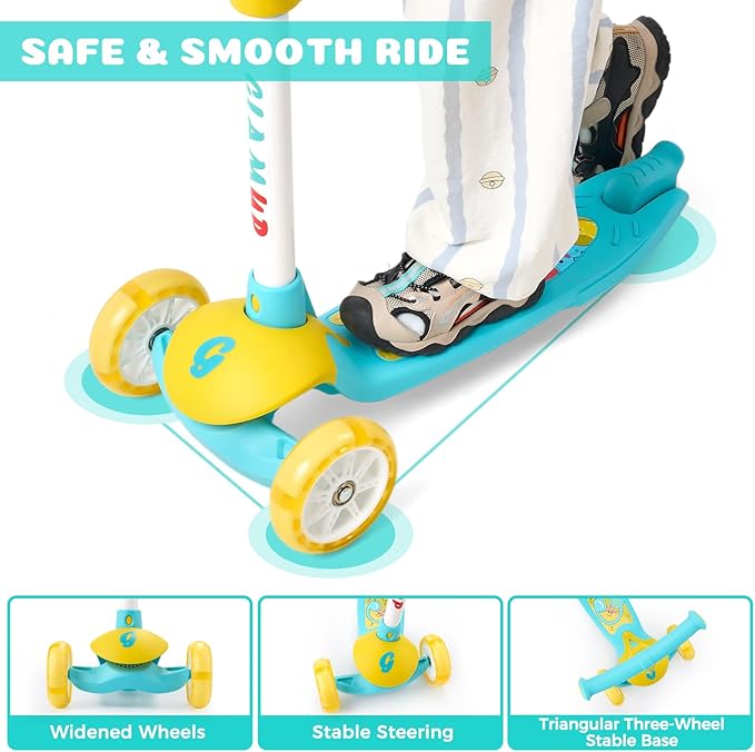 GLAMUP Kids Kick Scooter 3 Wheels, Kids Scooter Height Adjustable Handlebar, Lean-to-Steer System & Easy-Folding Mechanism, Ages 3-14 Boys and Girls