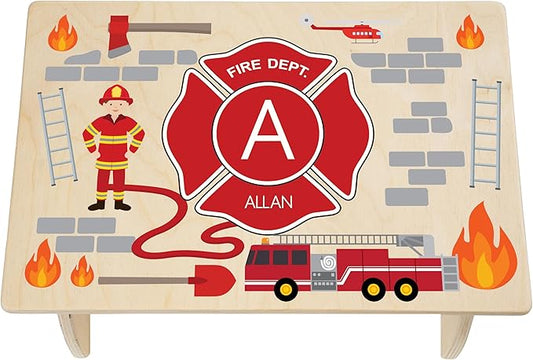 Firefighter Step Stool for Toddlers- Personalized Wood Kids Step Stool with Name for Kitchen Sink, Bathroom, Potty Training, Toilet, Kitchen Sink- Sturdy and Safe Made in USA by BloomOwl (Firefighter)