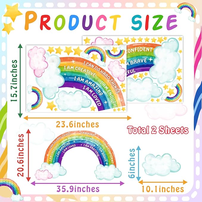 Colorful Rainbow Wall Stickers Inspirational Wall Decal for Kids Boys Girls Bedroom Watercolor Rainbow Walls Decal Peel and Stick Positive Cloud Vinyl Art Murals for Toddler Baby Room Playroom Nursery
